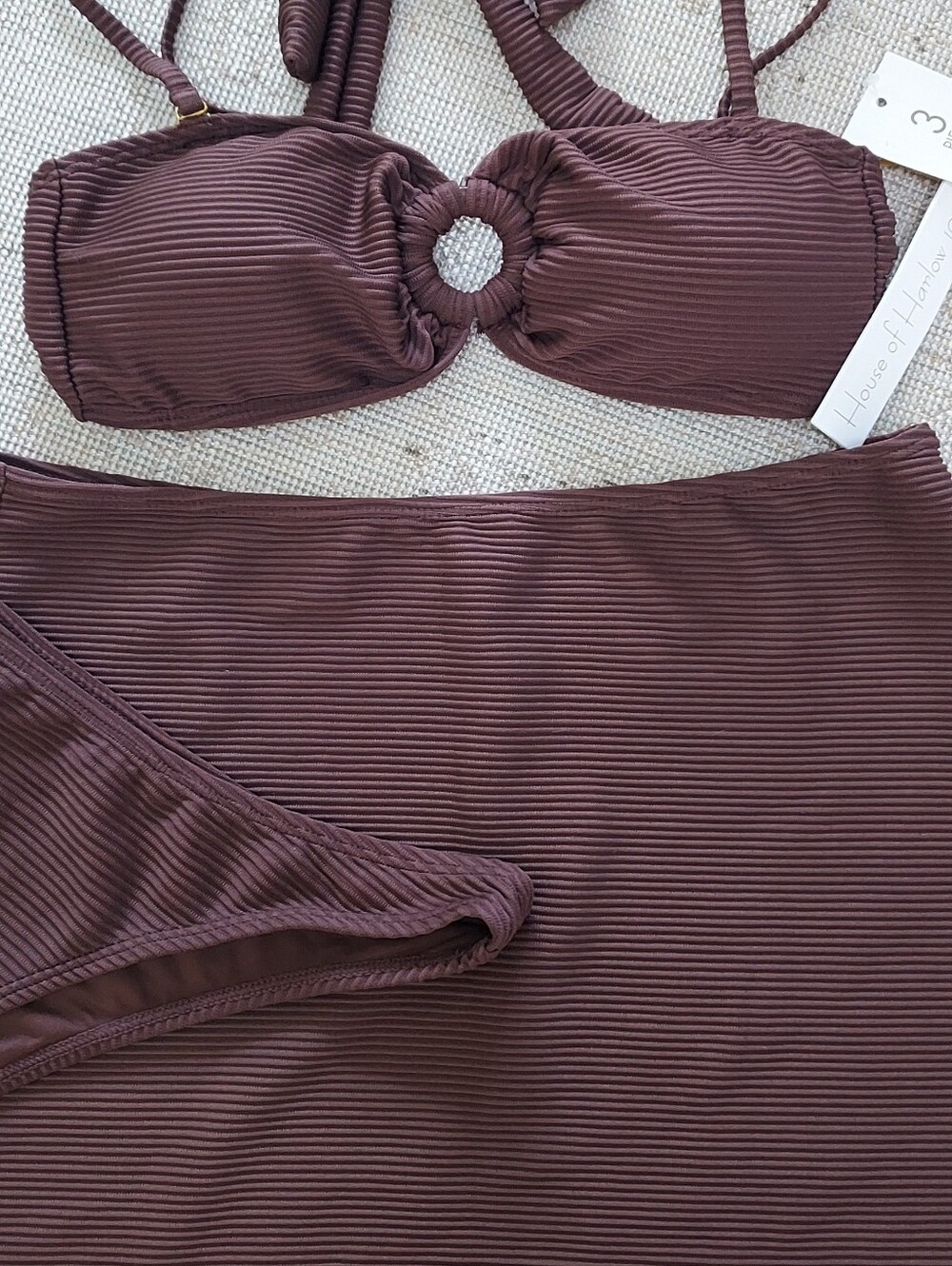 House of Harlow 1960 Bikini Set Brown Ribbed Bandeau Top With Cover Up Skirt NWT - Picture 3 of 8